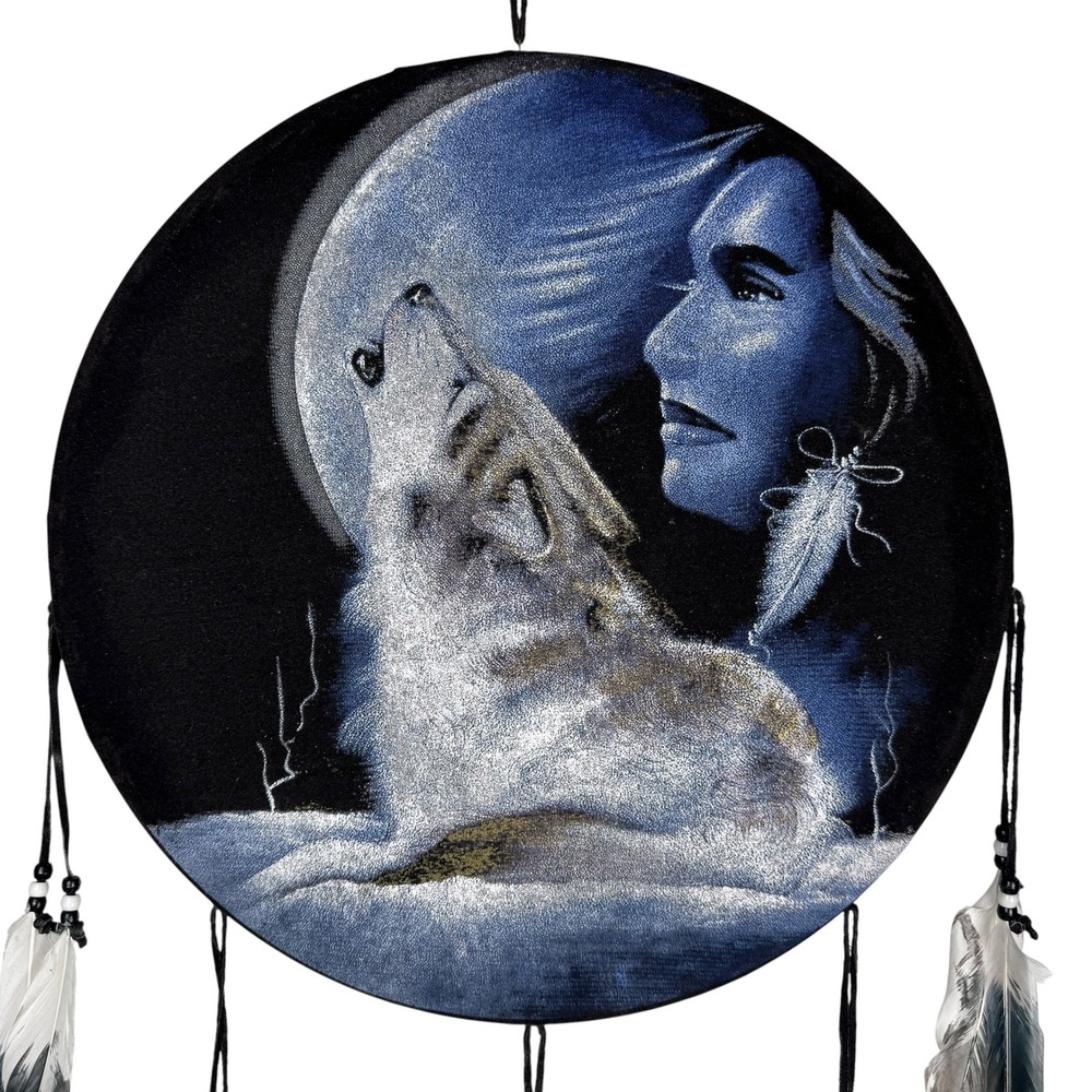 Howling Wolf Moon 16" Velvet Dreamcatcher Wall Hanging Blue Feathers Southwest - Picture 2 of 9